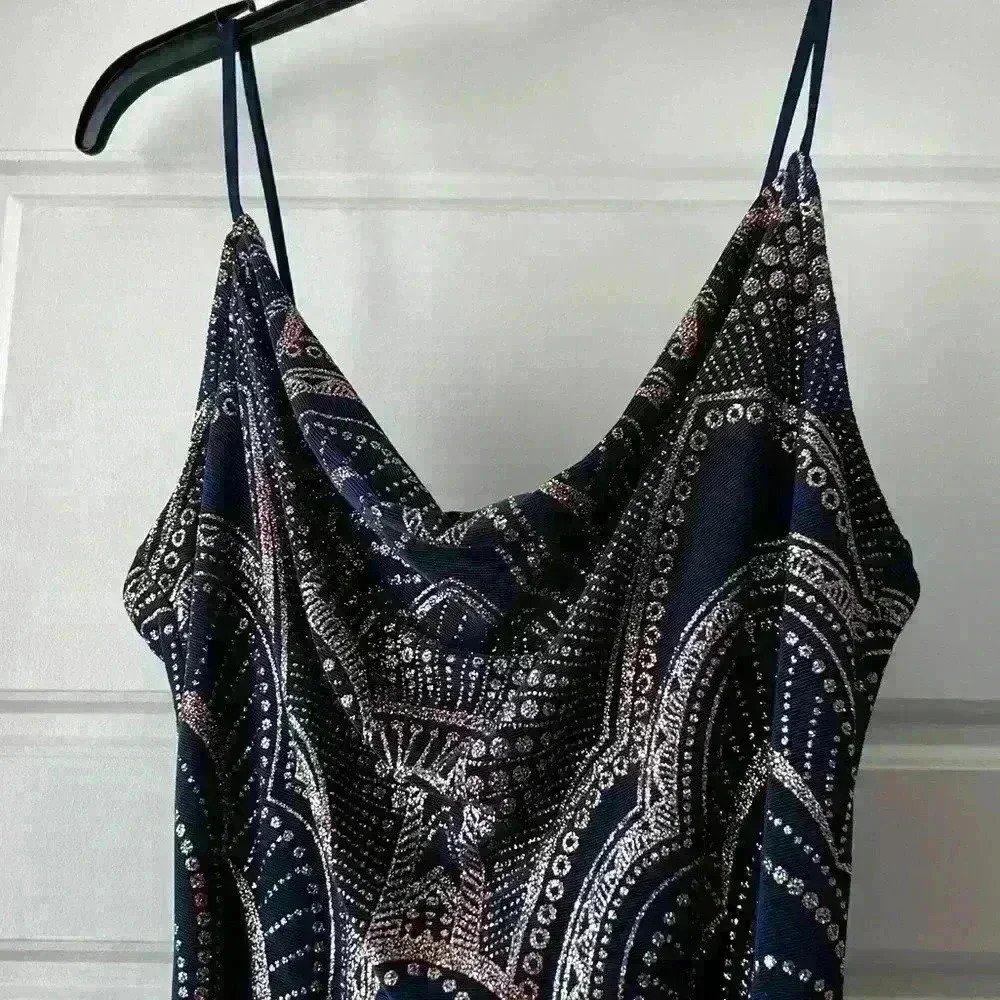 Navy and Rose Gold fitted dress with cowl neckline in women’s size small - Picture 2 of 5
